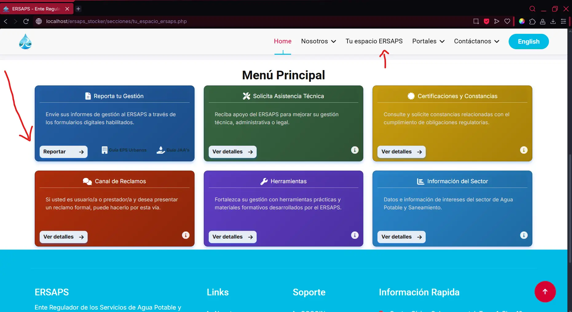 Captura del sitio ERSAPS con sección reporta tu gestión