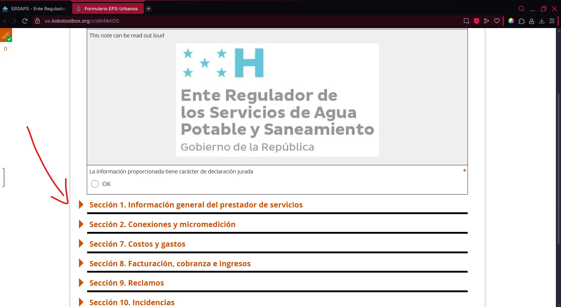 Formulario con secciones plegables desplegables